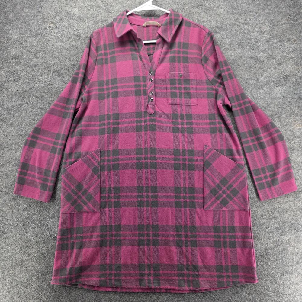 Soft Surroundings Dress Womens PXL Pink Plaid Shirt Dress Knit Pockets Casual